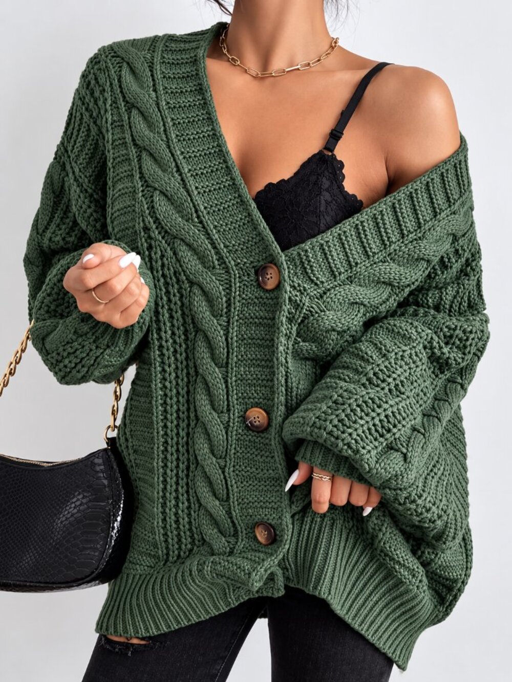 Women's Cable Knit V-Neck Button Down Cardigan Cozy Long Sleeve Sweater